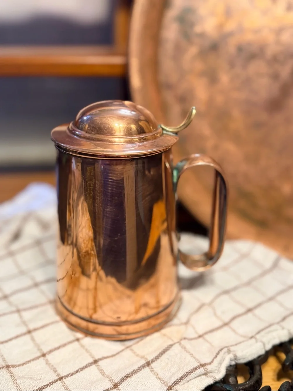 Vintage British Copper Lidded Tankard, copper and brass beer stein